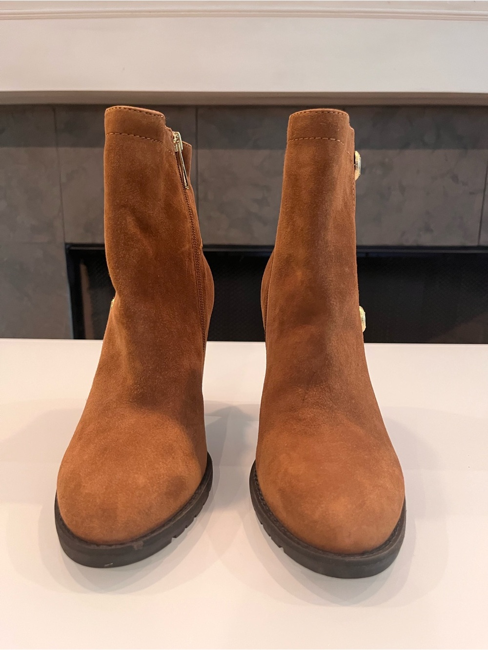 Isaac Mizrahi Live Gabina Suede Ankle Boots Cognac Gold Button Size 6 NWOT